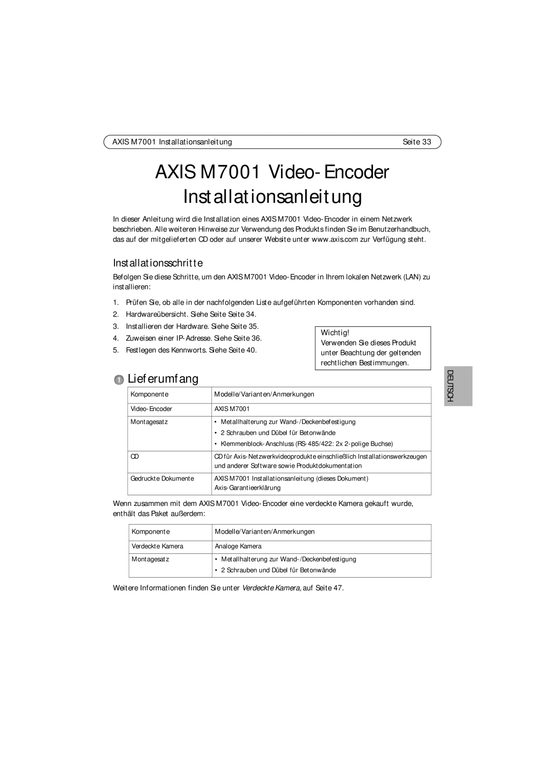 Axis Communications M7001 manual Lieferumfang, Installationsschritte, Komponente Modelle/Varianten/Anmerkungen 