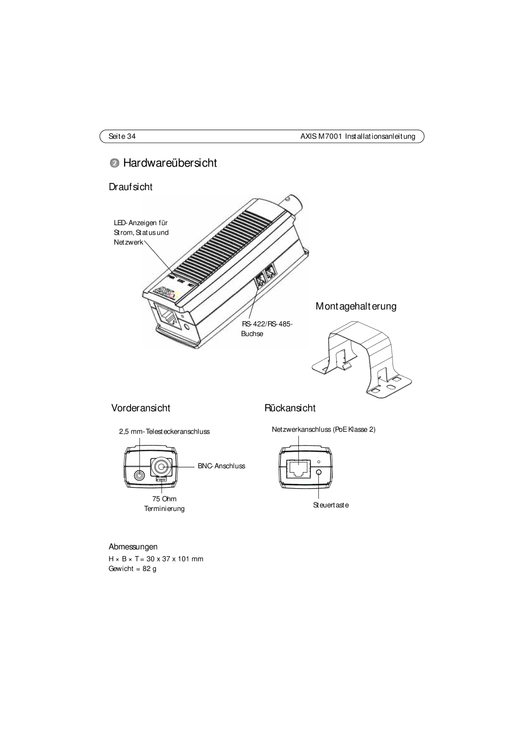 Axis Communications M7001 manual Hardwareübersicht, Draufsicht, Montagehalterung, VorderansichtRückansicht, Abmessungen 