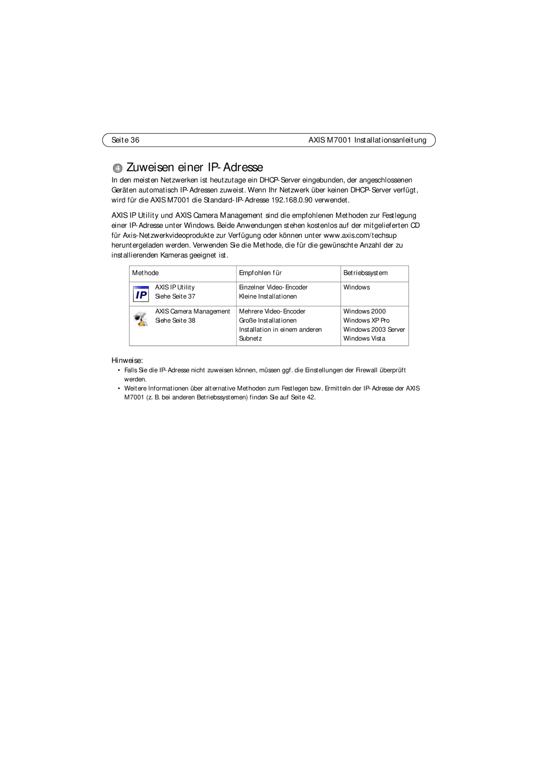 Axis Communications M7001 manual Zuweisen einer IP-Adresse, Methode Empfohlen für Betriebssystem 