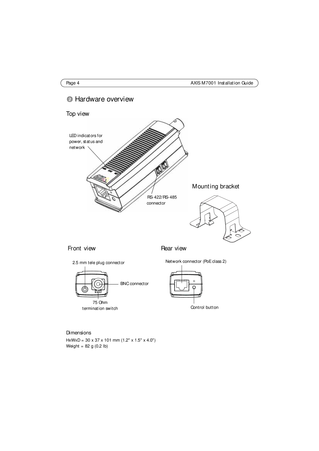 Axis Communications M7001 manual Hardware overview, Top view, Mounting bracket, Front view Rear view, Dimensions 