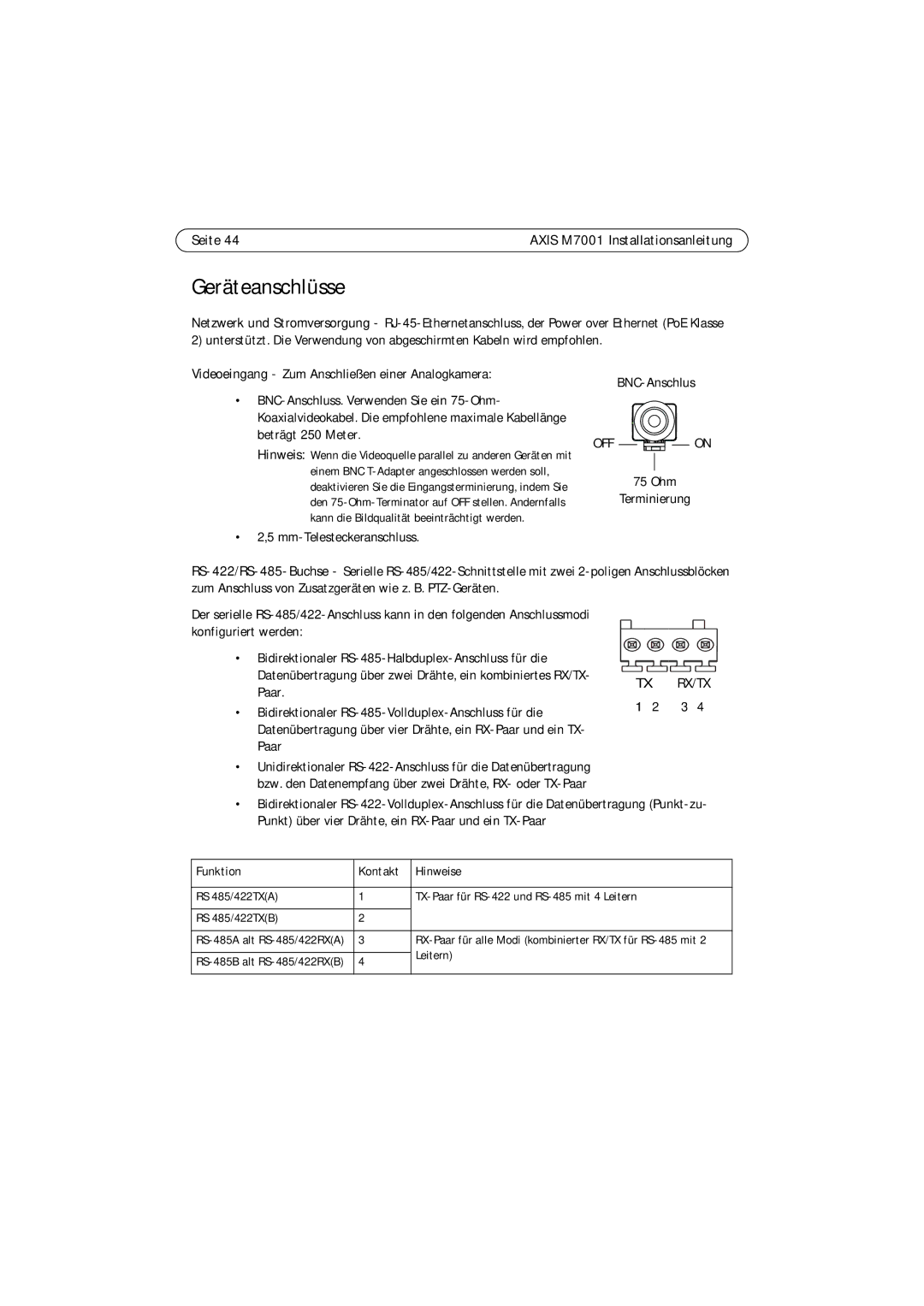 Axis Communications M7001 manual Geräteanschlüsse, Funktion Kontakt Hinweise 