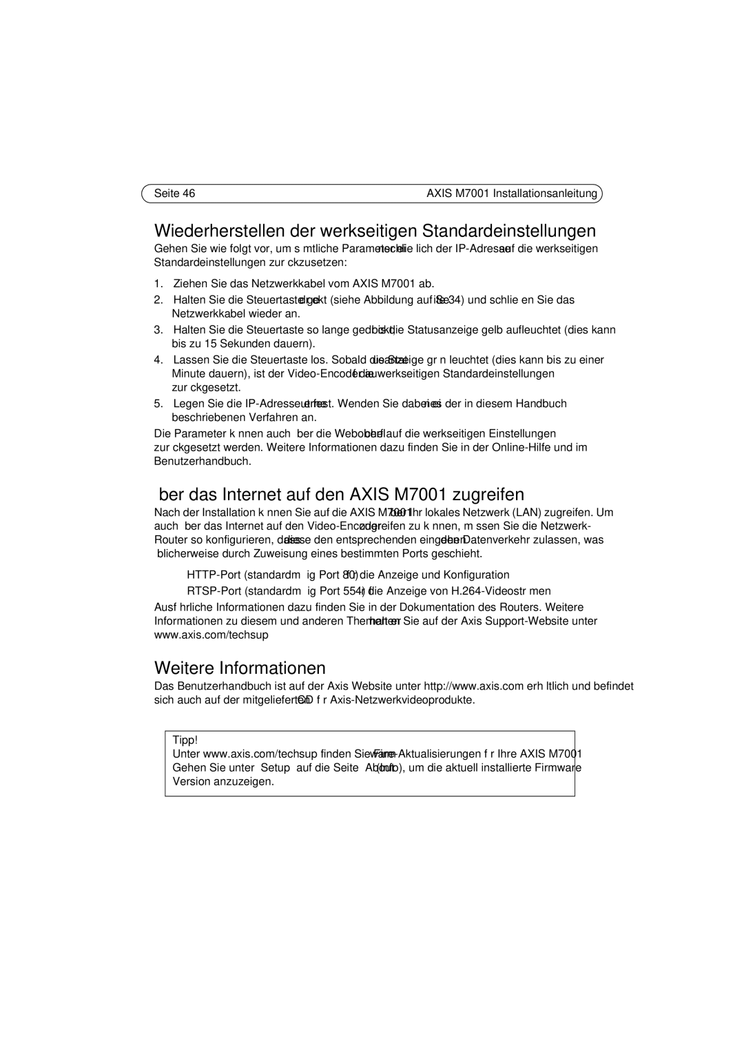 Axis Communications manual Über das Internet auf den Axis M7001 zugreifen, Weitere Informationen 