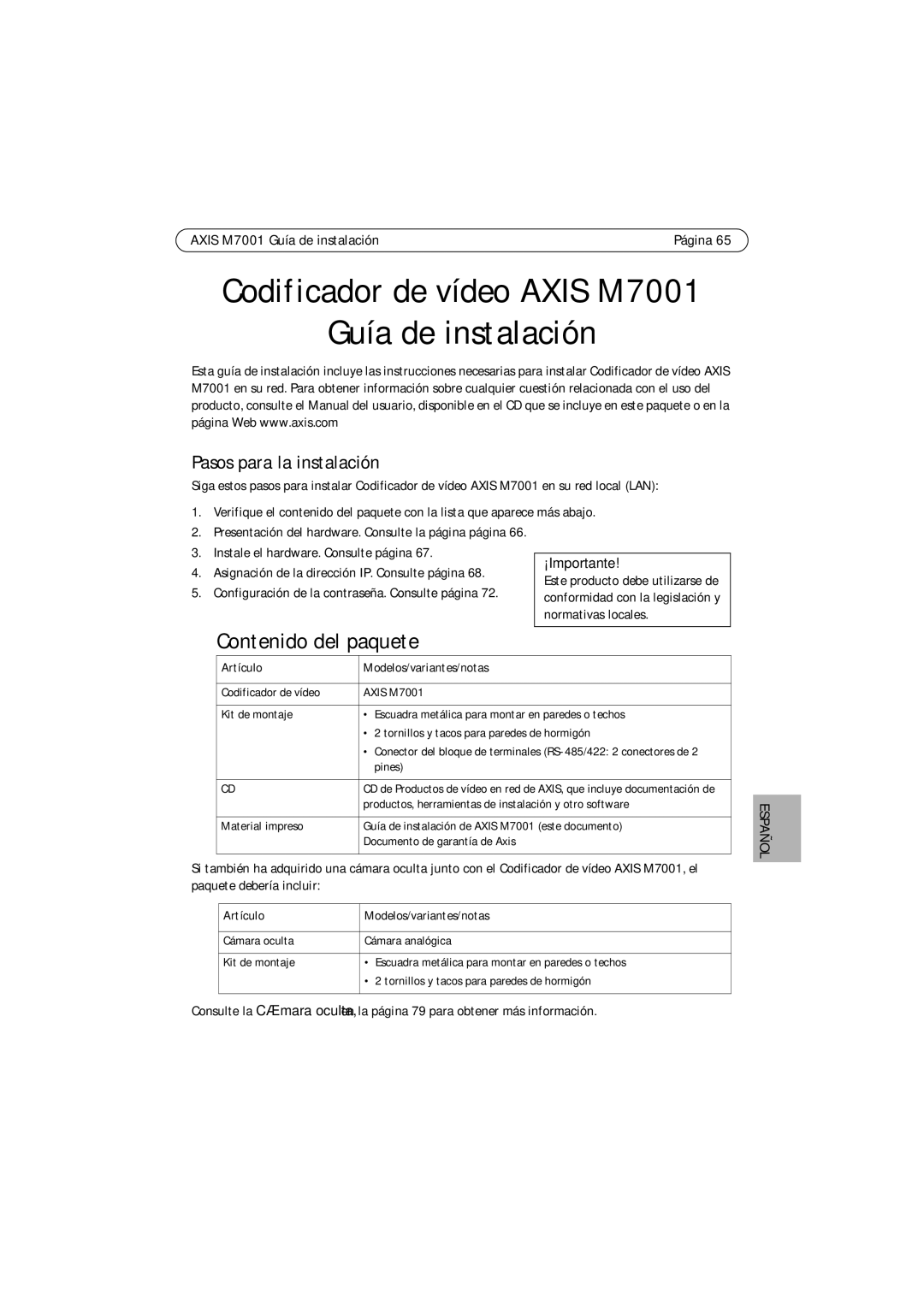 Axis Communications M7001 manual Contenido del paquete, Pasos para la instalación, Artículo Modelos/variantes/notas 