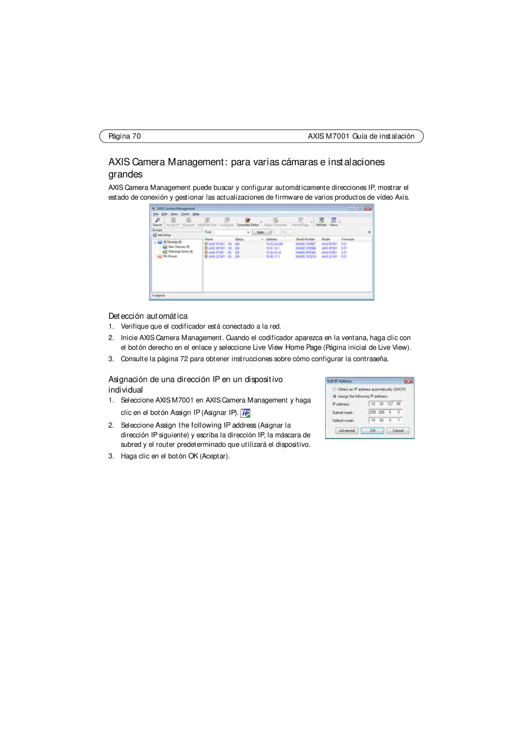 Axis Communications M7001 manual Asignación de una dirección IP en un dispositivo individual 