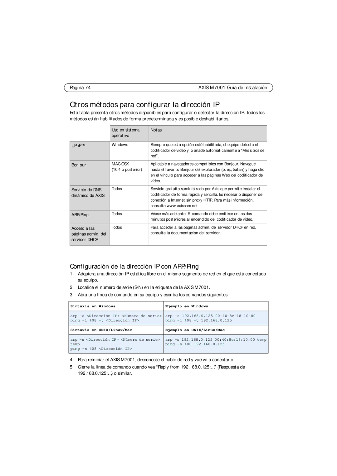 Axis Communications M7001 Otros métodos para configurar la dirección IP, Configuración de la dirección IP con ARP/Ping 