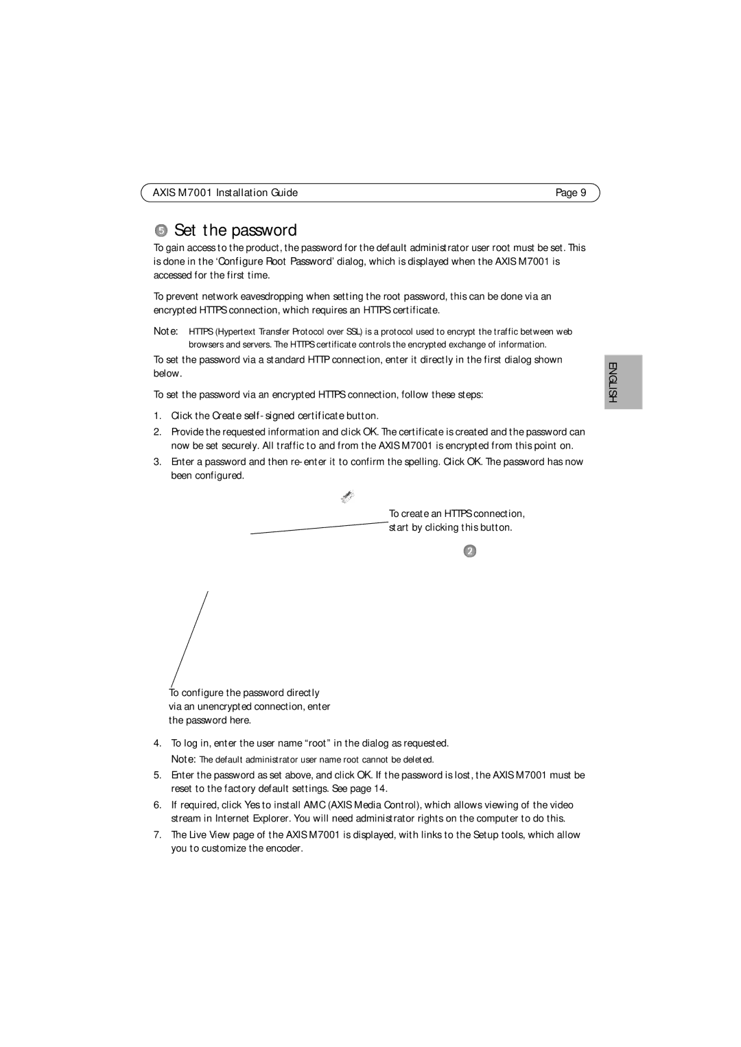 Axis Communications M7001 manual Set the password, Click the Create self-signed certificate button 