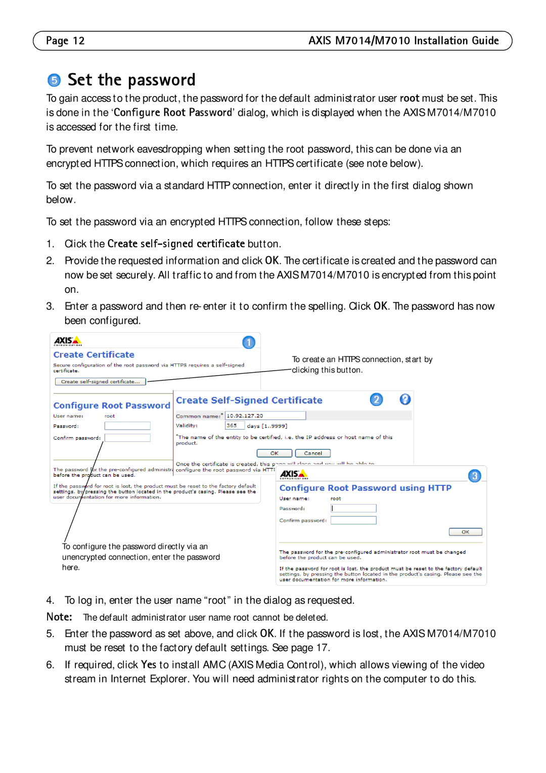 Axis Communications M7010 manual Set the password, Click the Create self-signed certificate button 