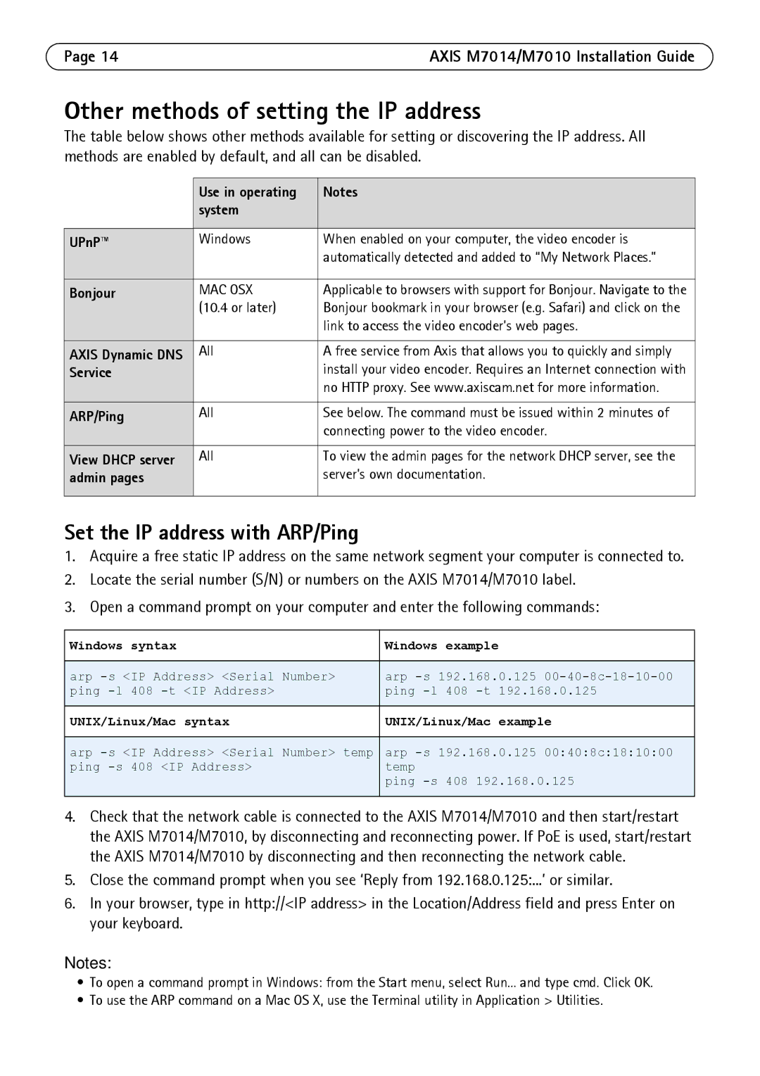 Axis Communications M7010 manual Other methods of setting the IP address, Set the IP address with ARP/Ping 