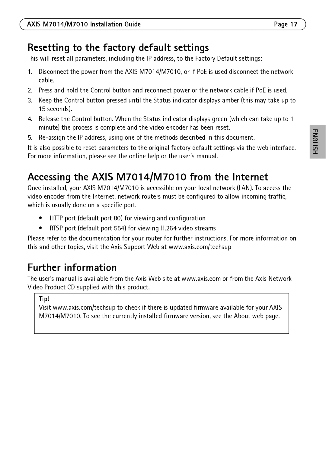 Axis Communications Resetting to the factory default settings, Accessing the Axis M7014/M7010 from the Internet, Tip 