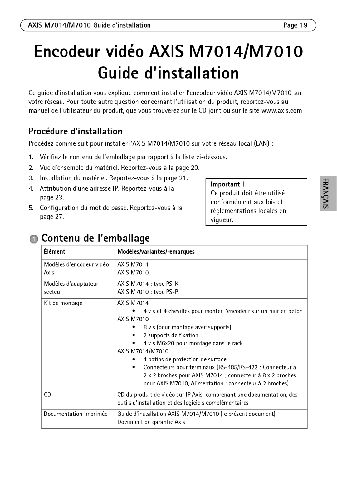 Axis Communications manual Contenu de l’emballage, Procédure d’installation, Axis M7014/M7010 Guide d’installation 