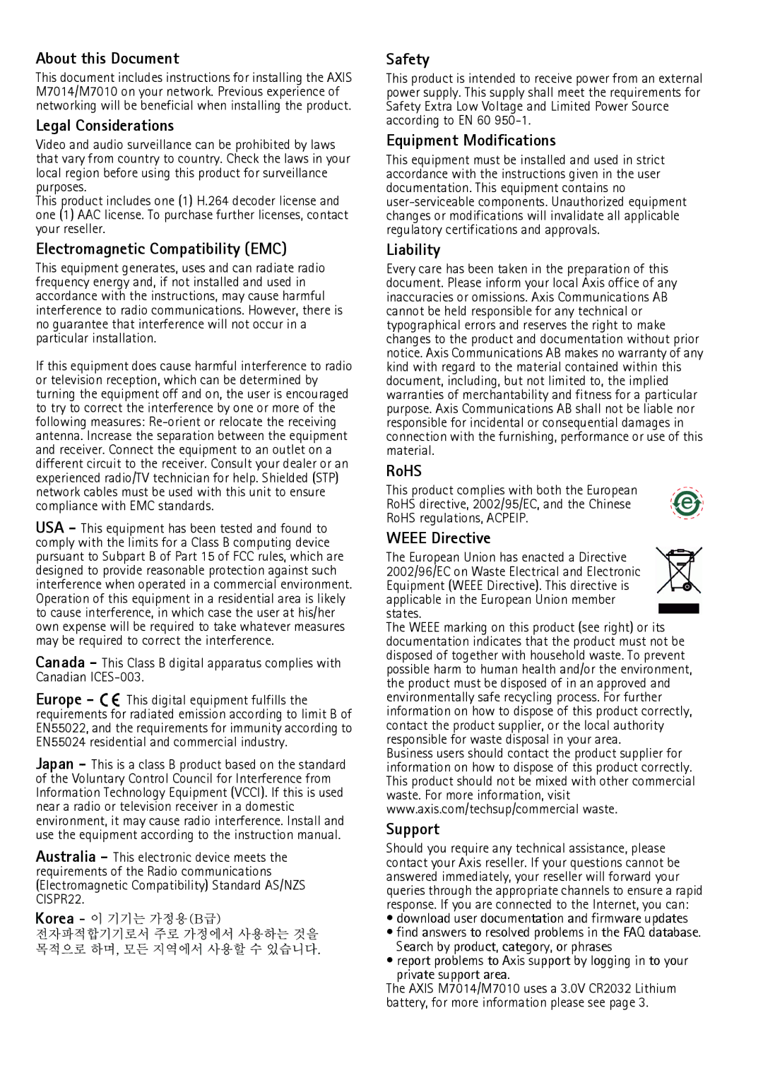 Axis Communications M7010 About this Document, Legal Considerations, Electromagnetic Compatibility EMC, Korea Safety, RoHS 