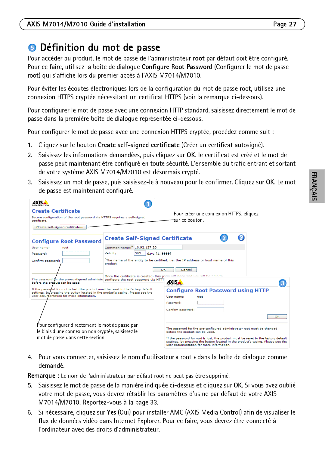 Axis Communications M7010 manual Définition du mot de passe, Pour créer une connexion HTTPS, cliquez sur ce bouton 