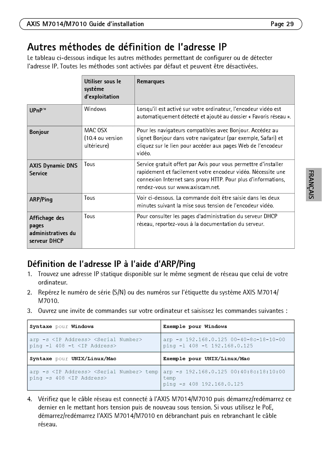 Axis Communications M7010 Autres méthodes de définition de l’adresse IP, Définition de l’adresse IP à l’aide d’ARP/Ping 