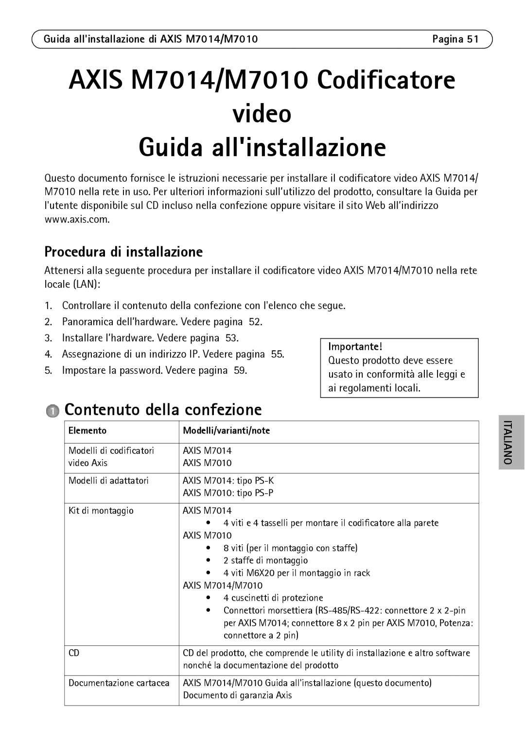 Axis Communications M7010 manual Contenuto della confezione, Procedura di installazione, Importante 