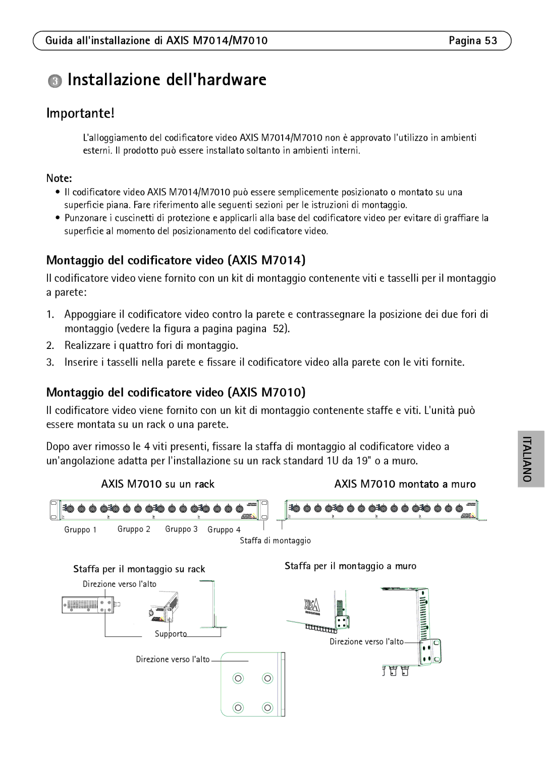 Axis Communications Installazione dellhardware, Montaggio del codificatore video Axis M7014, Axis M7010 su un rack 