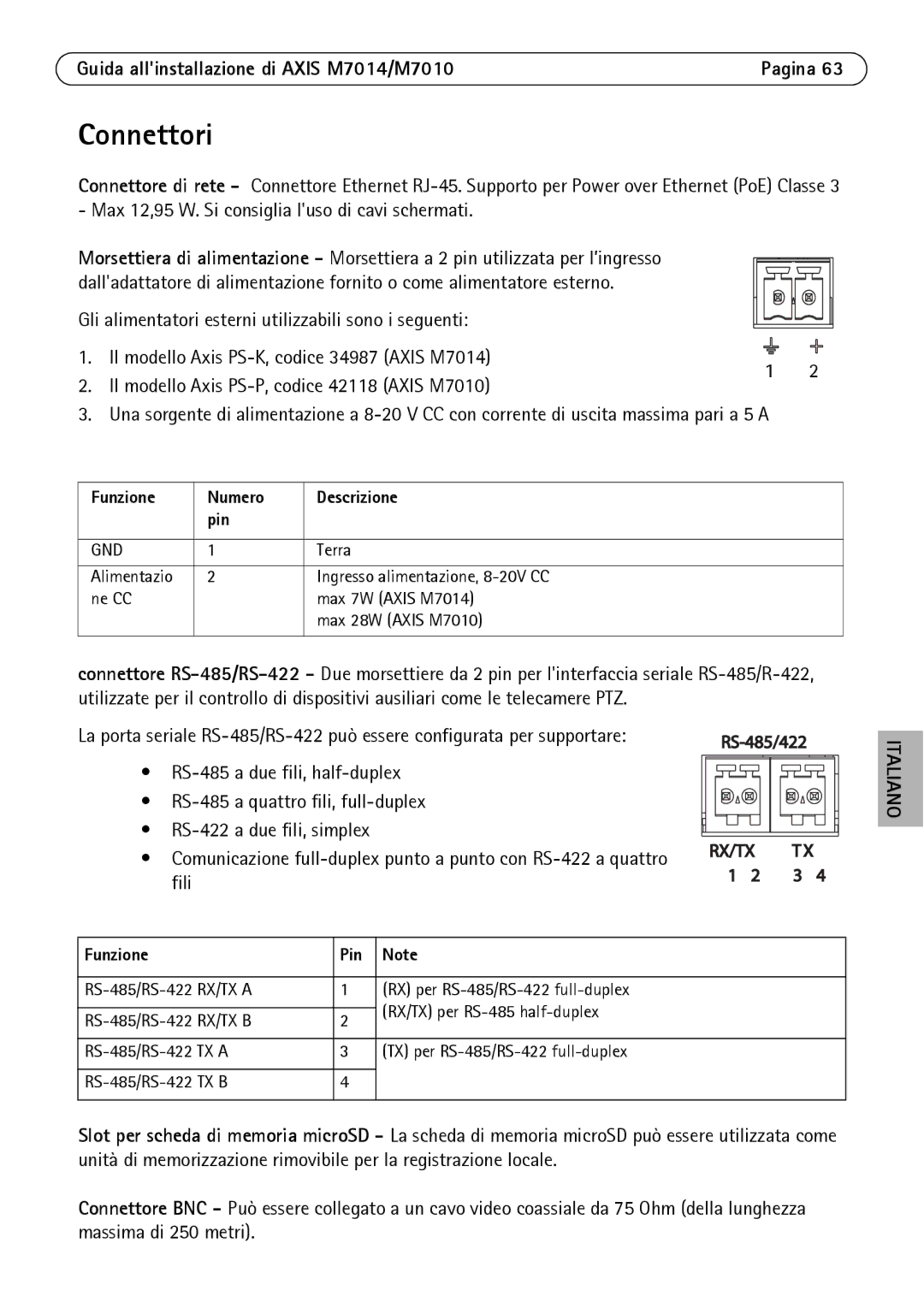 Axis Communications M7010 manual Connettori, Funzione Numero Descrizione Pin, Funzione Pin 