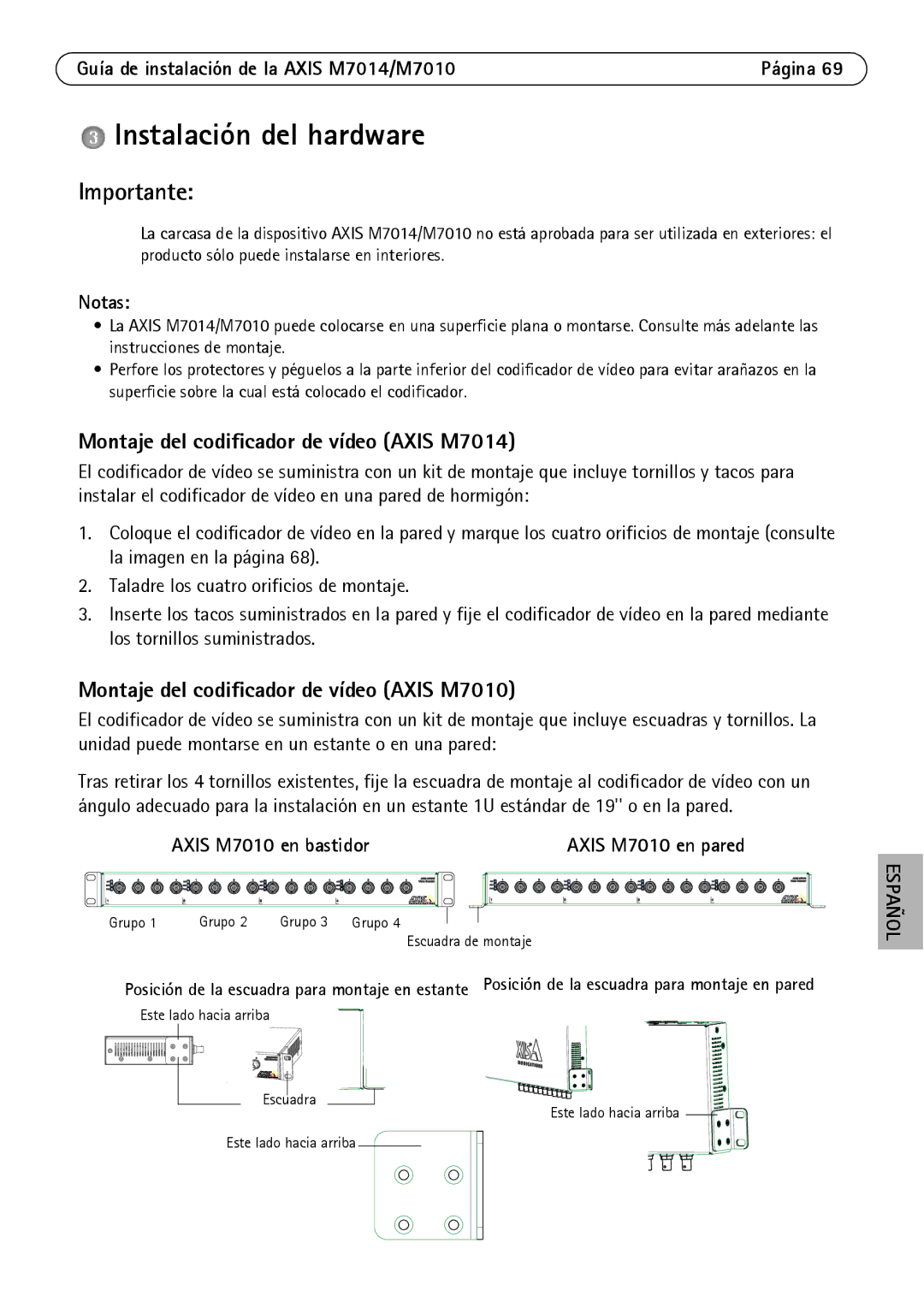 Axis Communications M7010 manual Instalación del hardware, Montaje del codificador de vídeo Axis M7014, Notas 