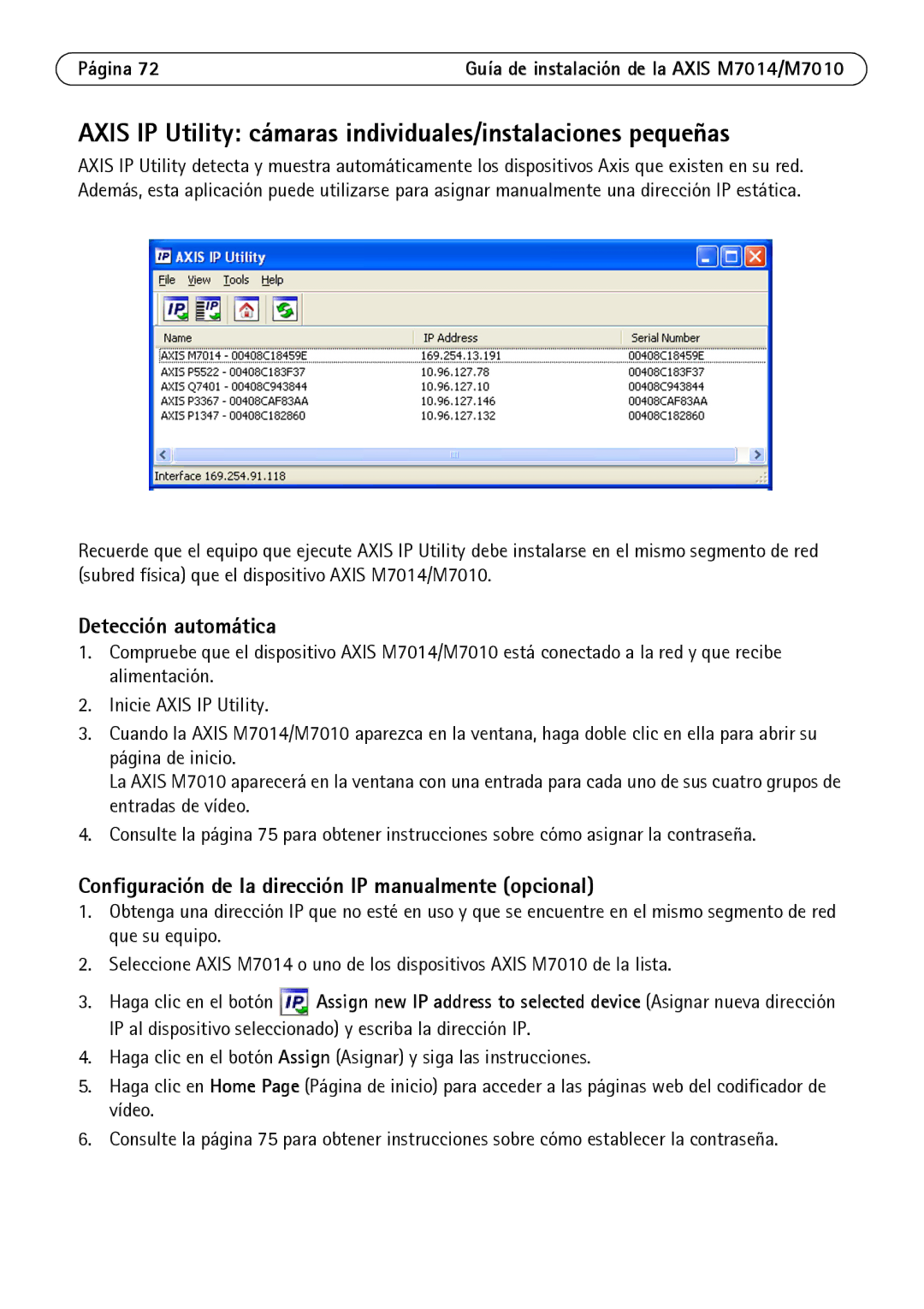 Axis Communications M7010 manual Axis IP Utility cámaras individuales/instalaciones pequeñas, Detección automática 