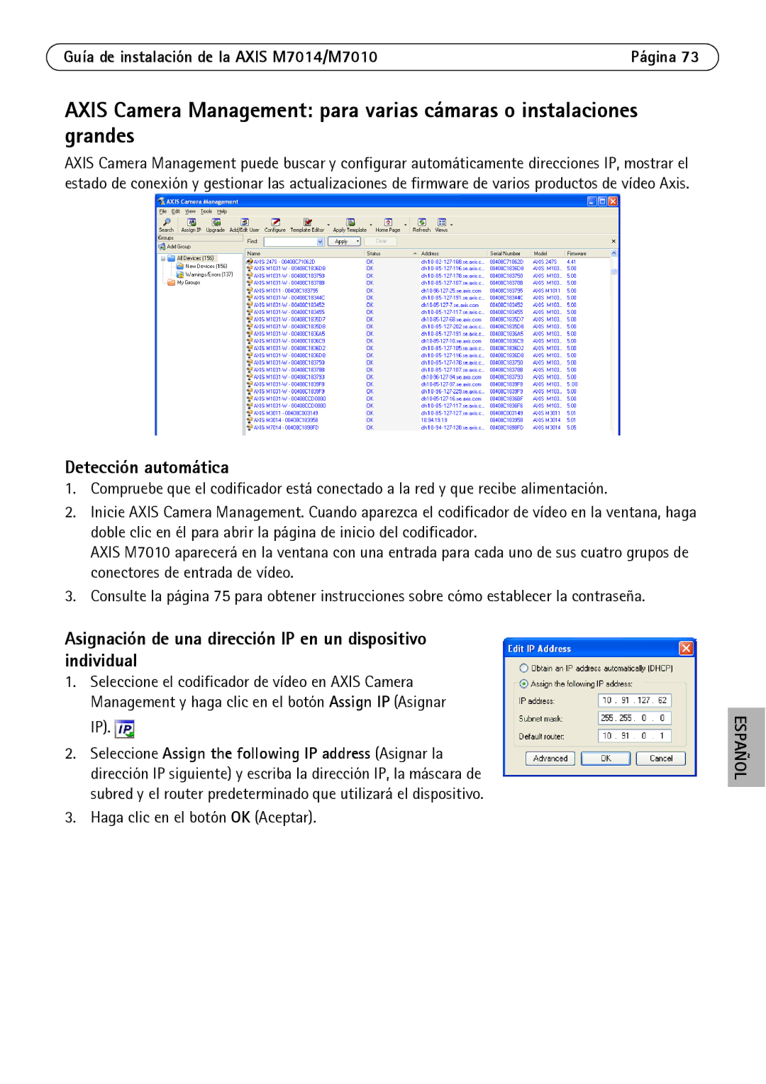 Axis Communications M7010 manual Asignación de una dirección IP en un dispositivo individual 