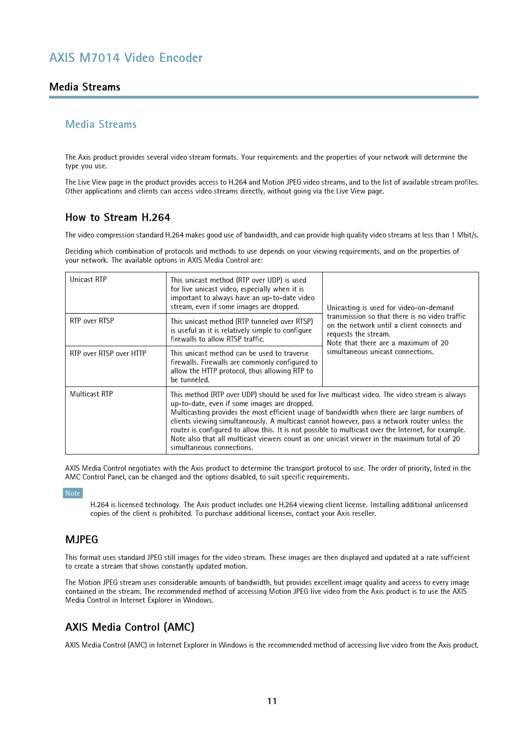 Axis Communications M7014 user manual Media Streams, How to Stream H.264, Axis Media Control AMC 