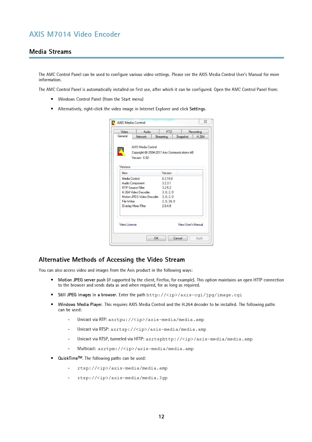 Axis Communications M7014 user manual Alternative Methods of Accessing the Video Stream 