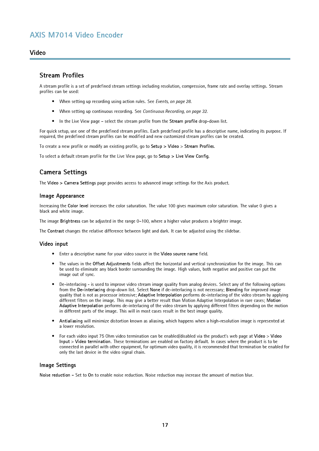 Axis Communications M7014 user manual Video Stream Profiles, Camera Settings, Image Appearance, Video input, Image Settings 