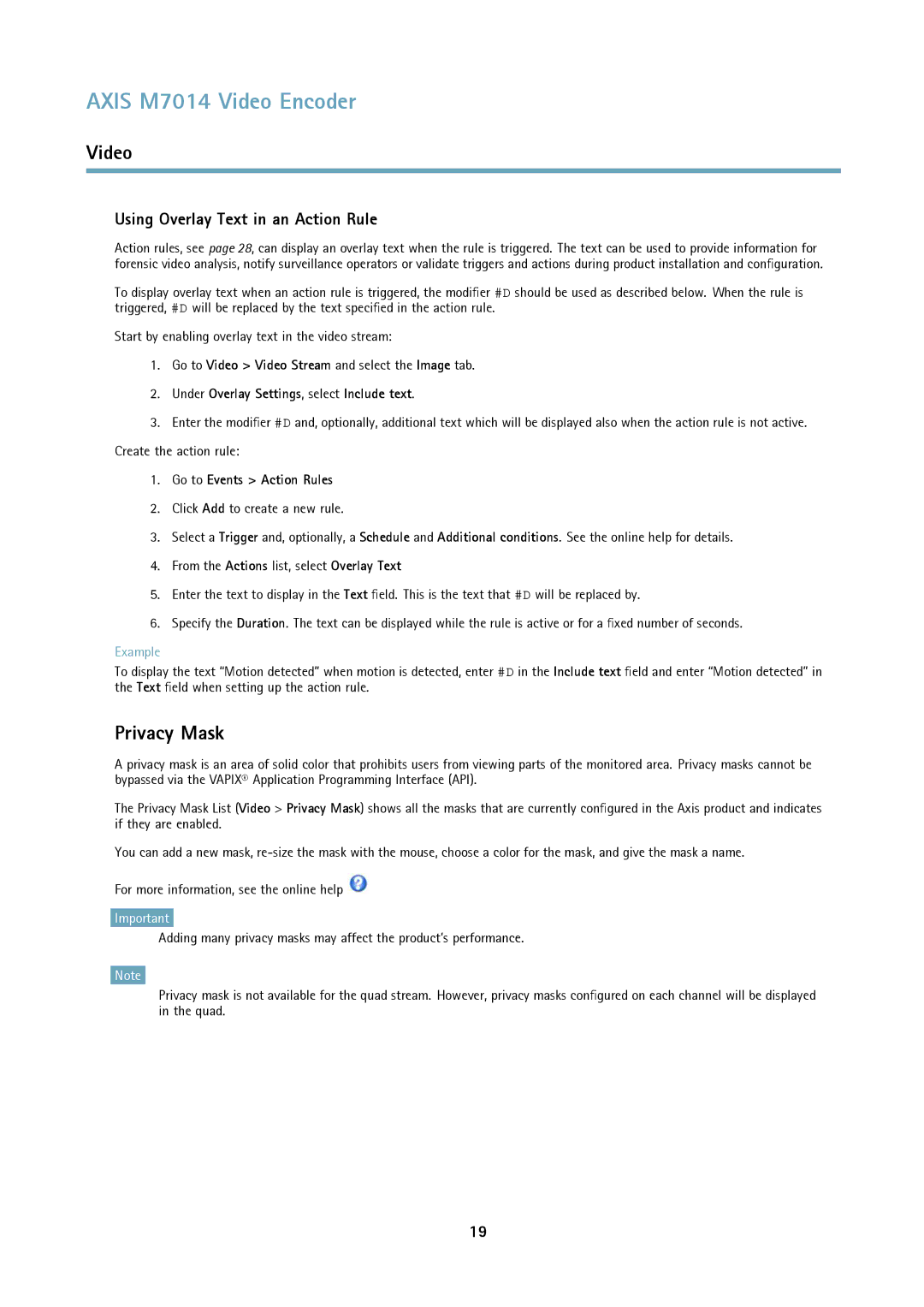 Axis Communications M7014 user manual Privacy Mask, Using Overlay Text in an Action Rule, Go to Events Action Rules 