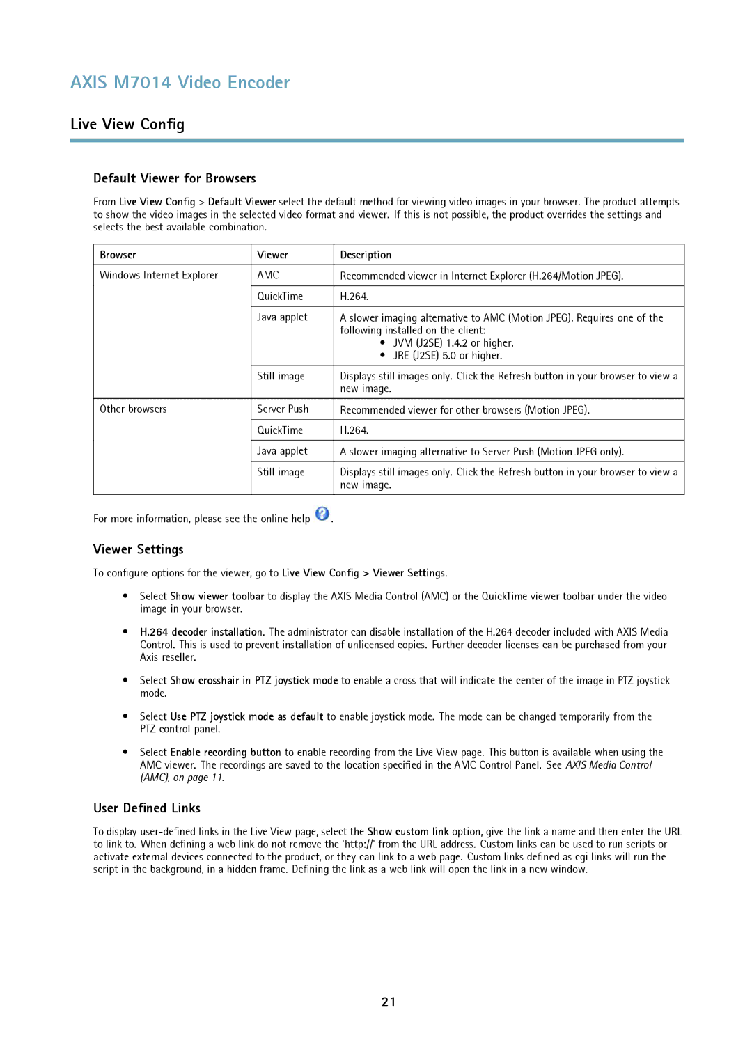 Axis Communications M7014 Default Viewer for Browsers, Viewer Settings, User Defined Links, Browser Viewer Description 