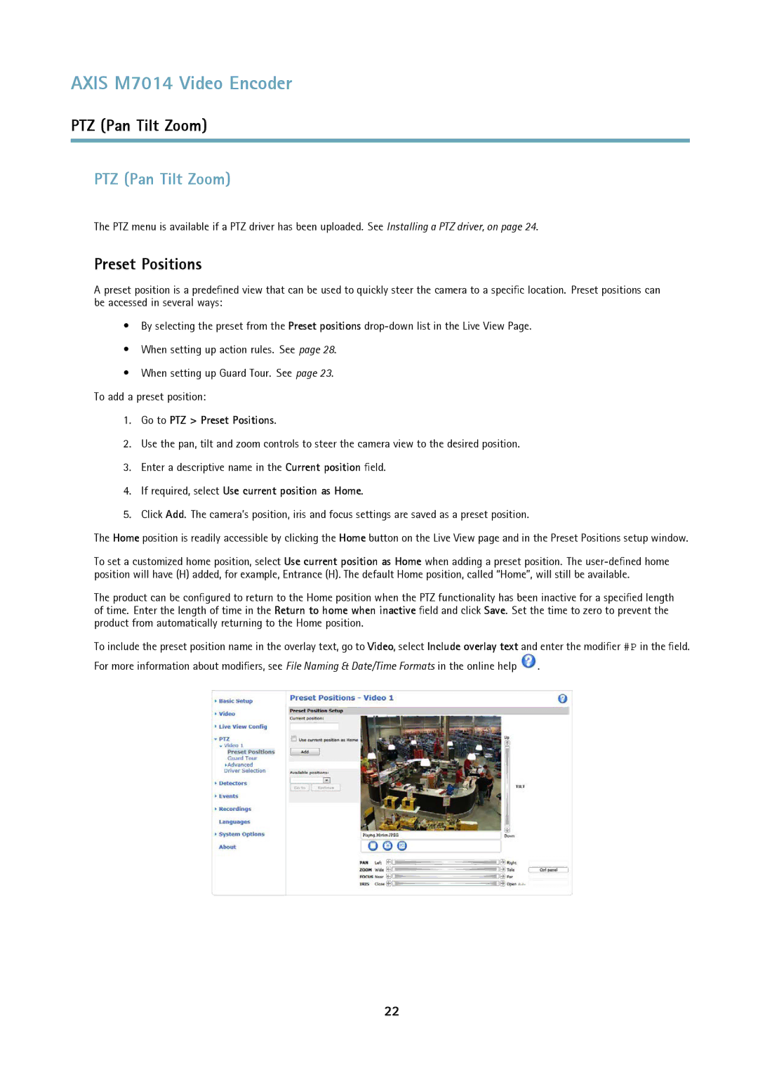 Axis Communications M7014 user manual PTZ Pan Tilt Zoom, Go to PTZ Preset Positions 