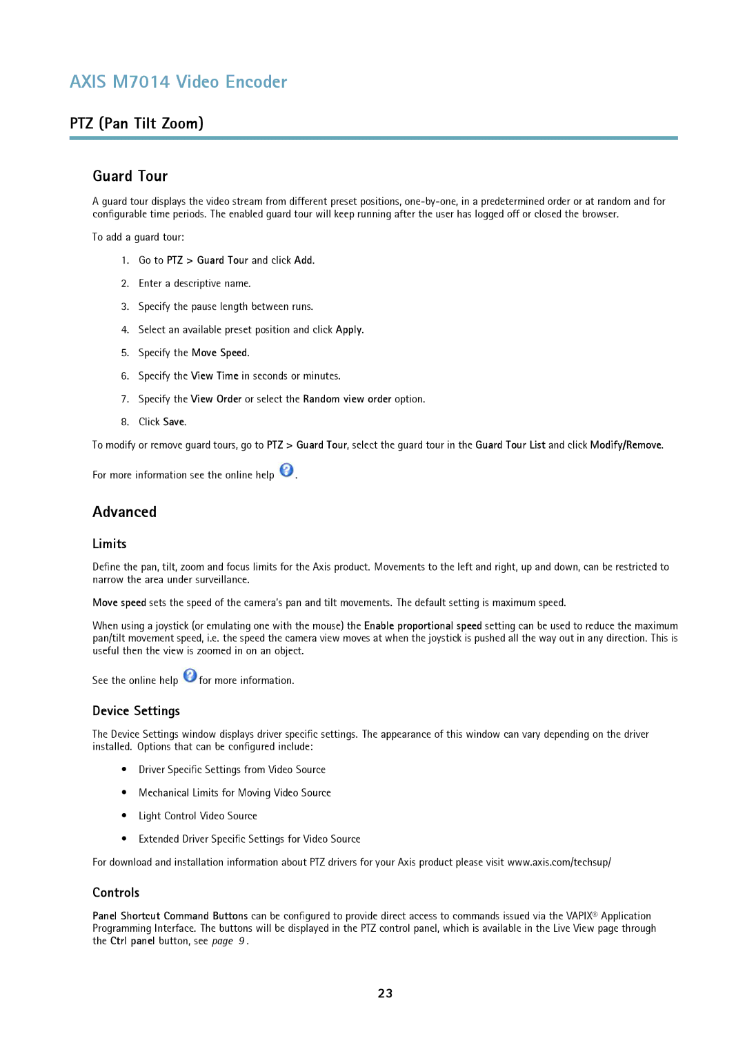 Axis Communications M7014 user manual PTZ Pan Tilt Zoom Guard Tour, Advanced, Limits, Device Settings, Controls 