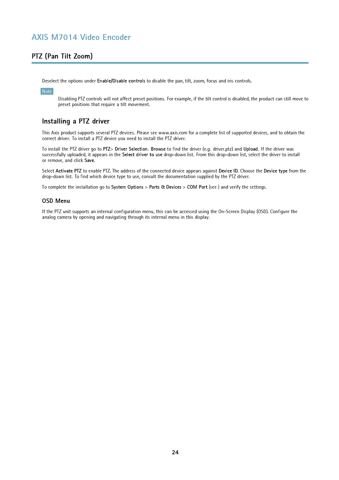 Axis Communications M7014 user manual Installing a PTZ driver, OSD Menu 