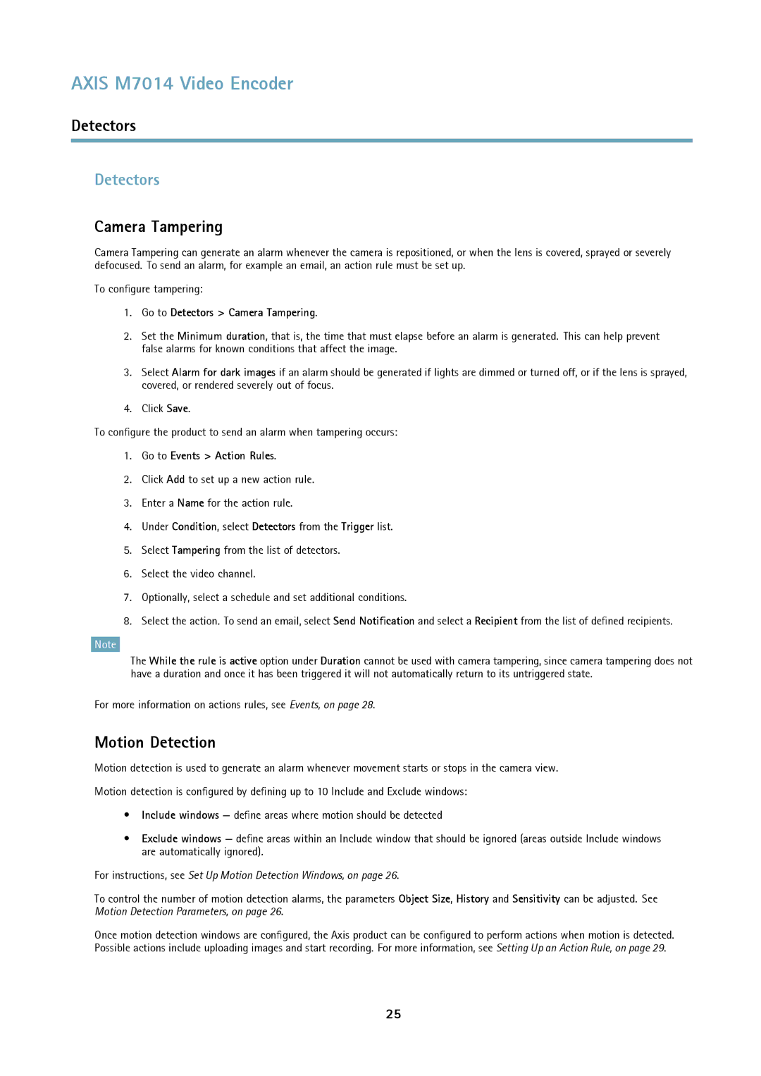 Axis Communications M7014 user manual Motion Detection, Go to Detectors Camera Tampering 