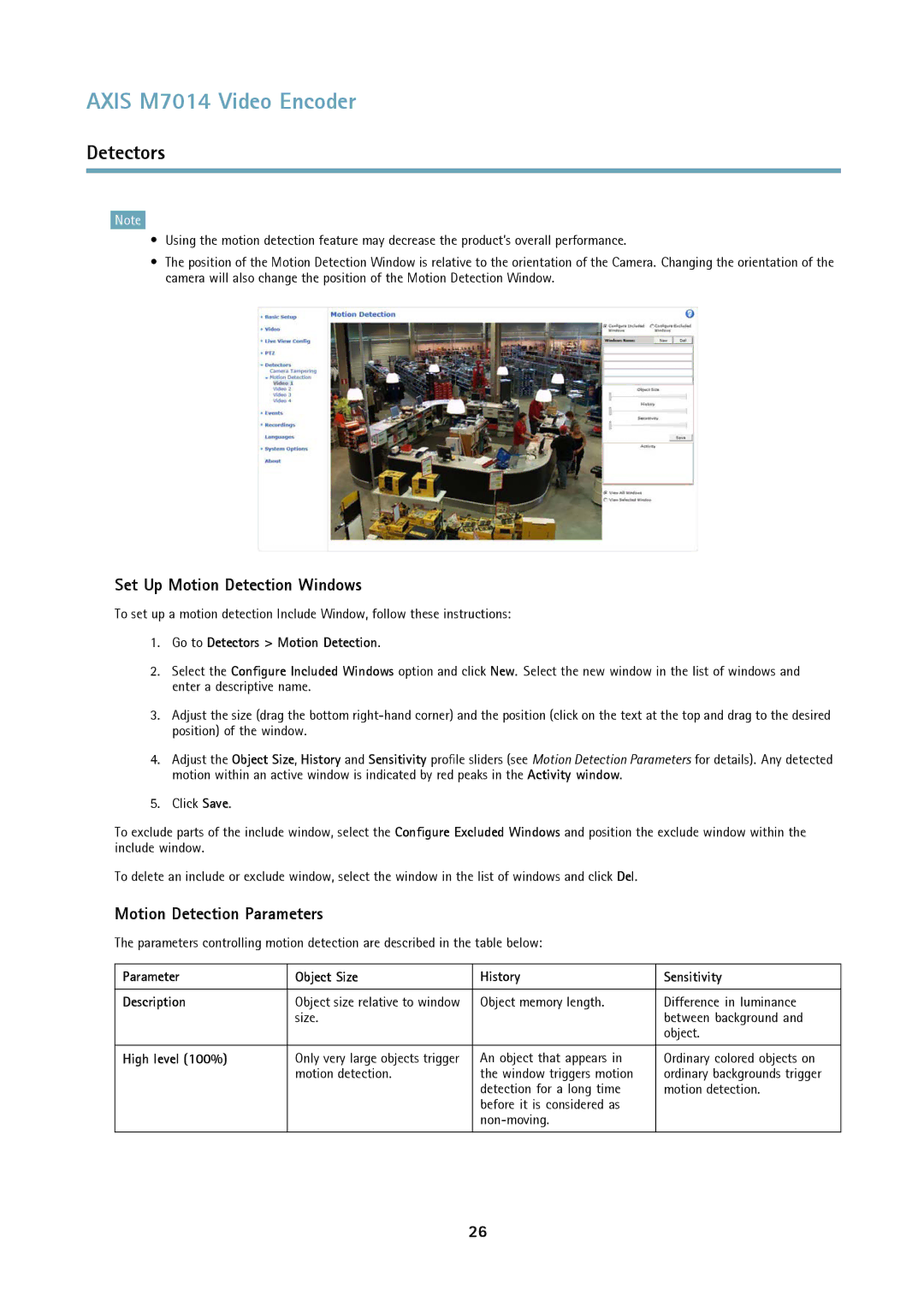 Axis Communications M7014 Set Up Motion Detection Windows, Motion Detection Parameters, Go to Detectors Motion Detection 