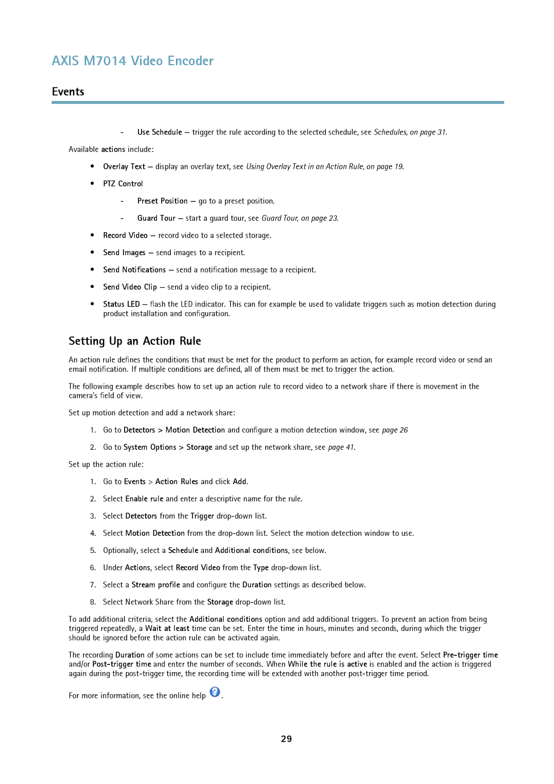 Axis Communications M7014 user manual Setting Up an Action Rule, PTZ Control, Go to Events Action Rules and click Add 