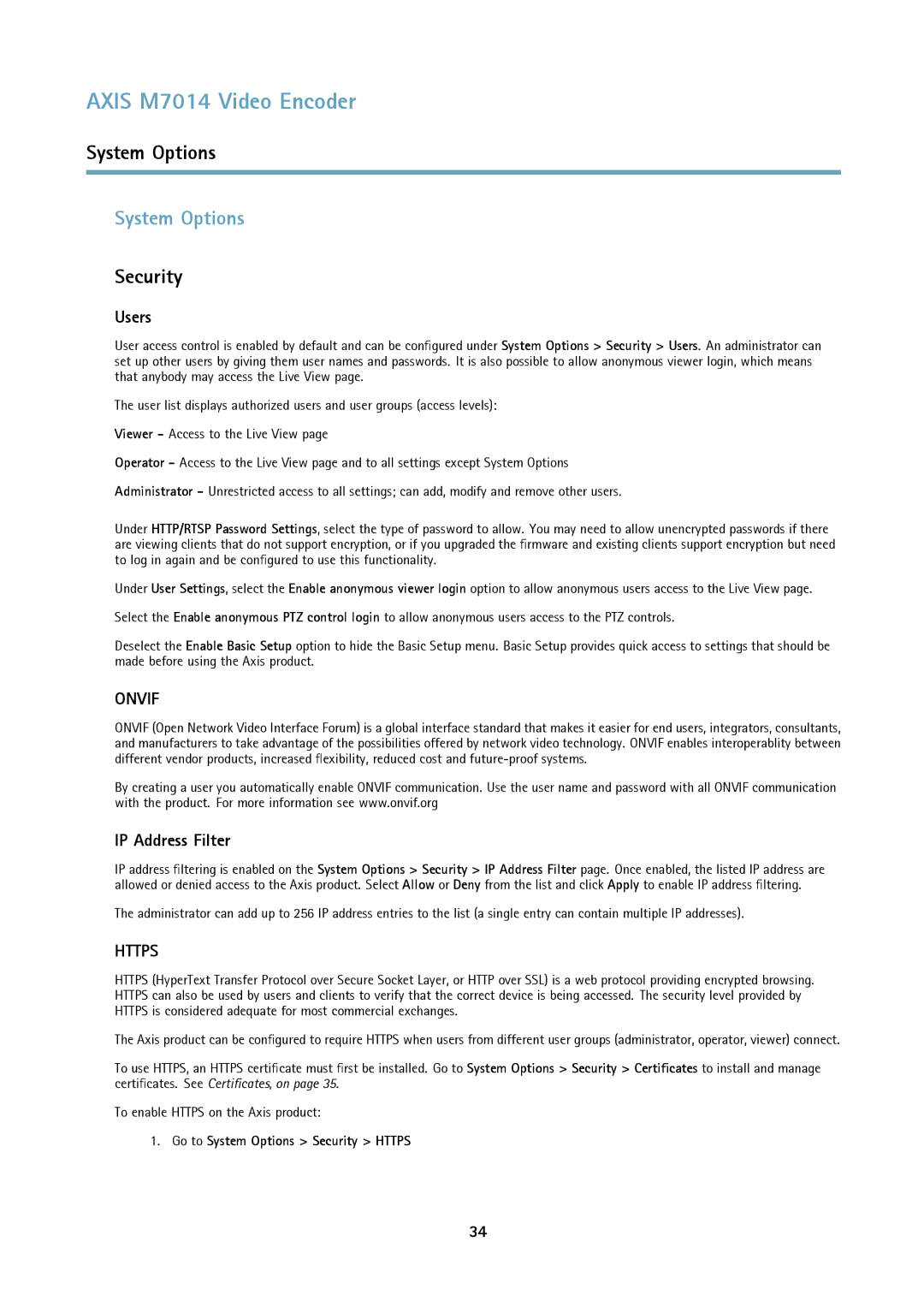 Axis Communications M7014 user manual System Options, Security, Users, IP Address Filter 