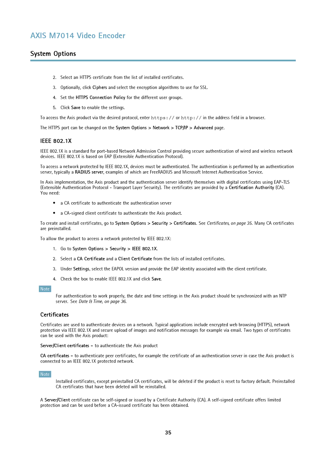 Axis Communications M7014 user manual Certificates, Go to System Options Security Ieee 