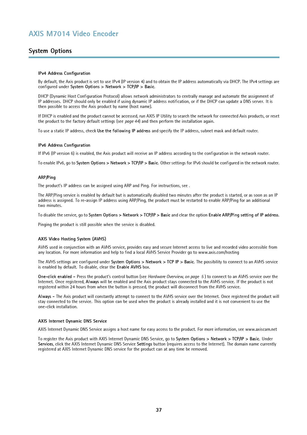 Axis Communications M7014 IPv4 Address Configuration, IPv6 Address Configuration, ARP/Ping, Axis Video Hosting System Avhs 