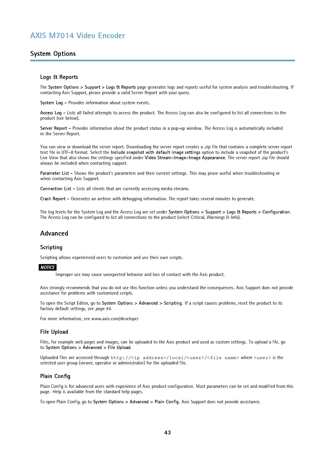 Axis Communications M7014 user manual Logs & Reports, Scripting, File Upload, Plain Config 