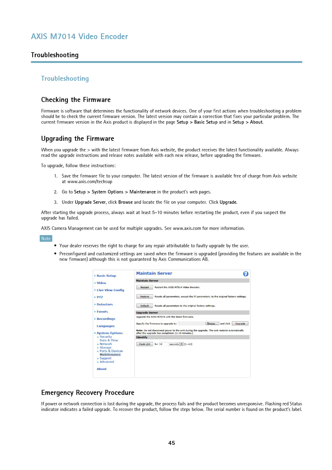 Axis Communications M7014 Troubleshooting, Checking the Firmware, Upgrading the Firmware, Emergency Recovery Procedure 