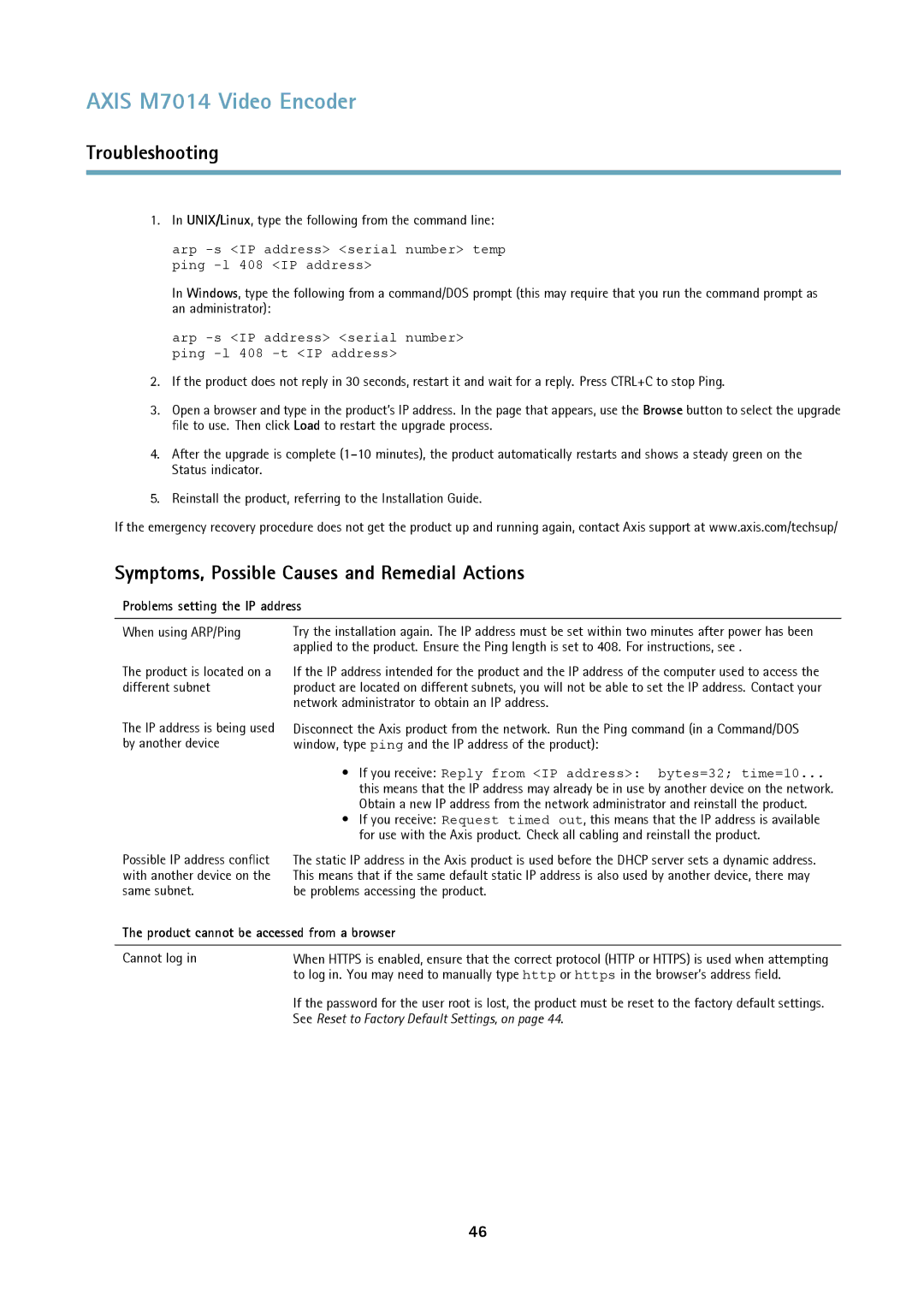 Axis Communications M7014 user manual Symptoms, Possible Causes and Remedial Actions, Problems setting the IP address 