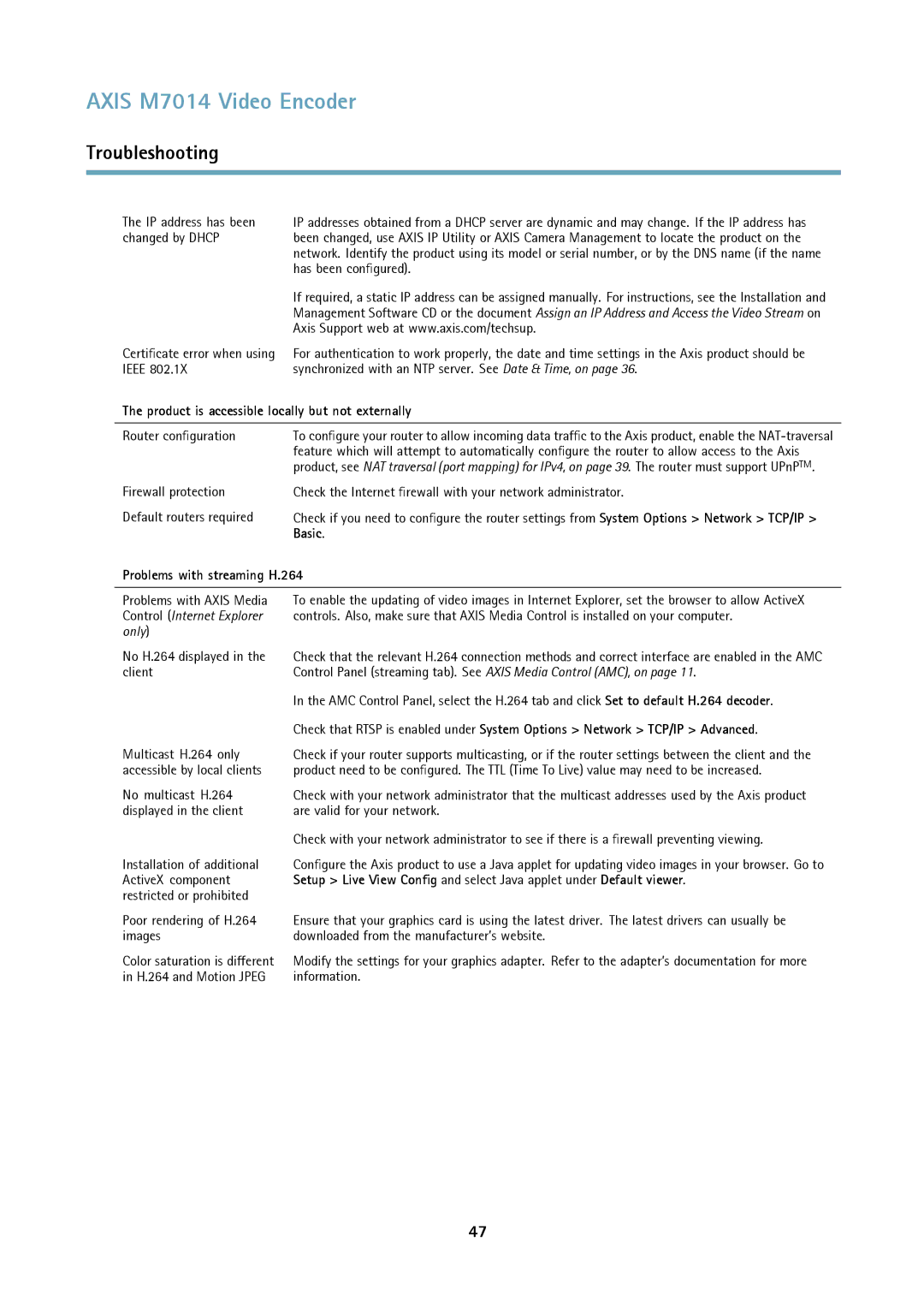 Axis Communications M7014 Product is accessible locally but not externally, Basic, Problems with streaming H.264 