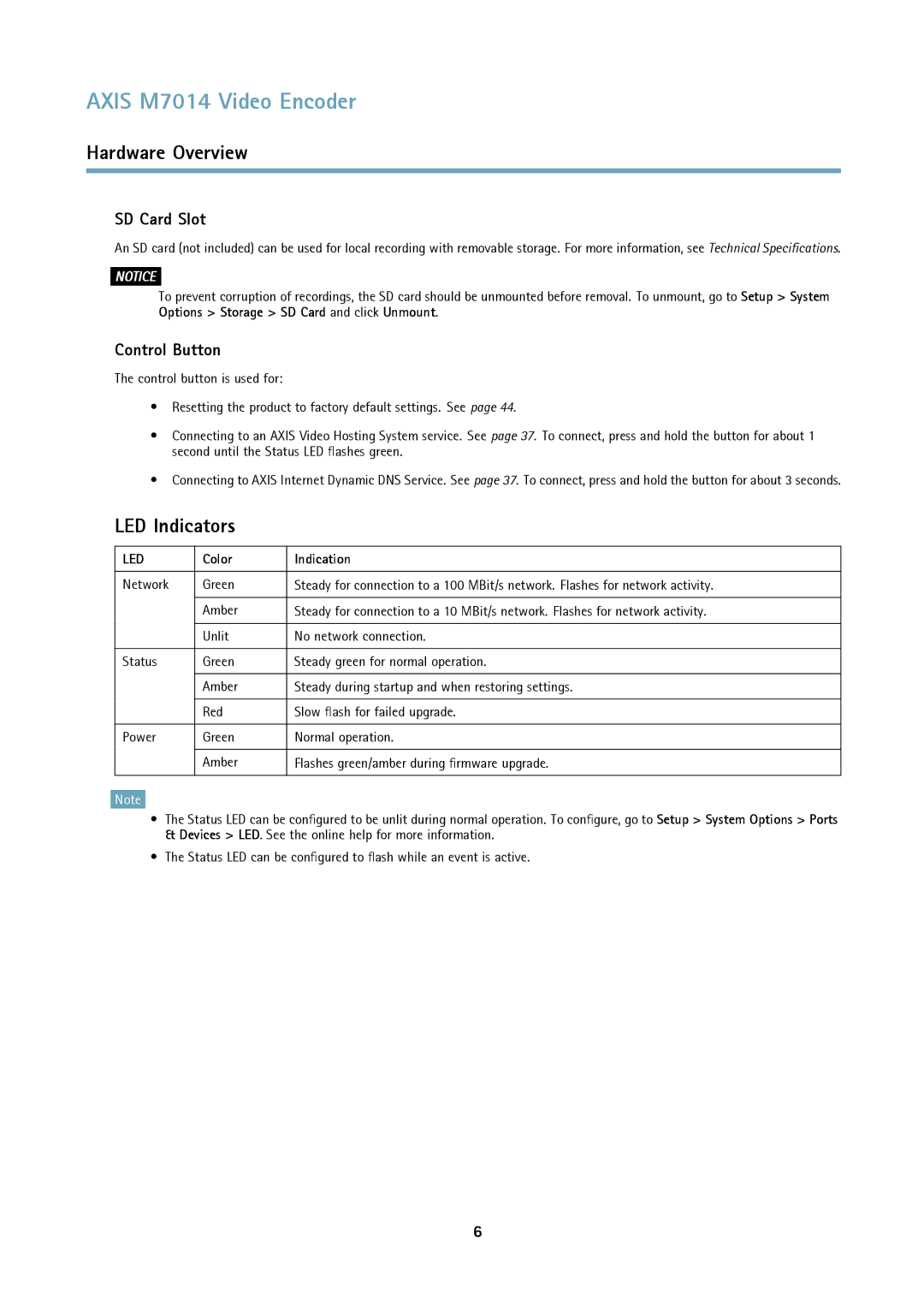 Axis Communications M7014 user manual LED Indicators, SD Card Slot, Control Button, Color Indication 