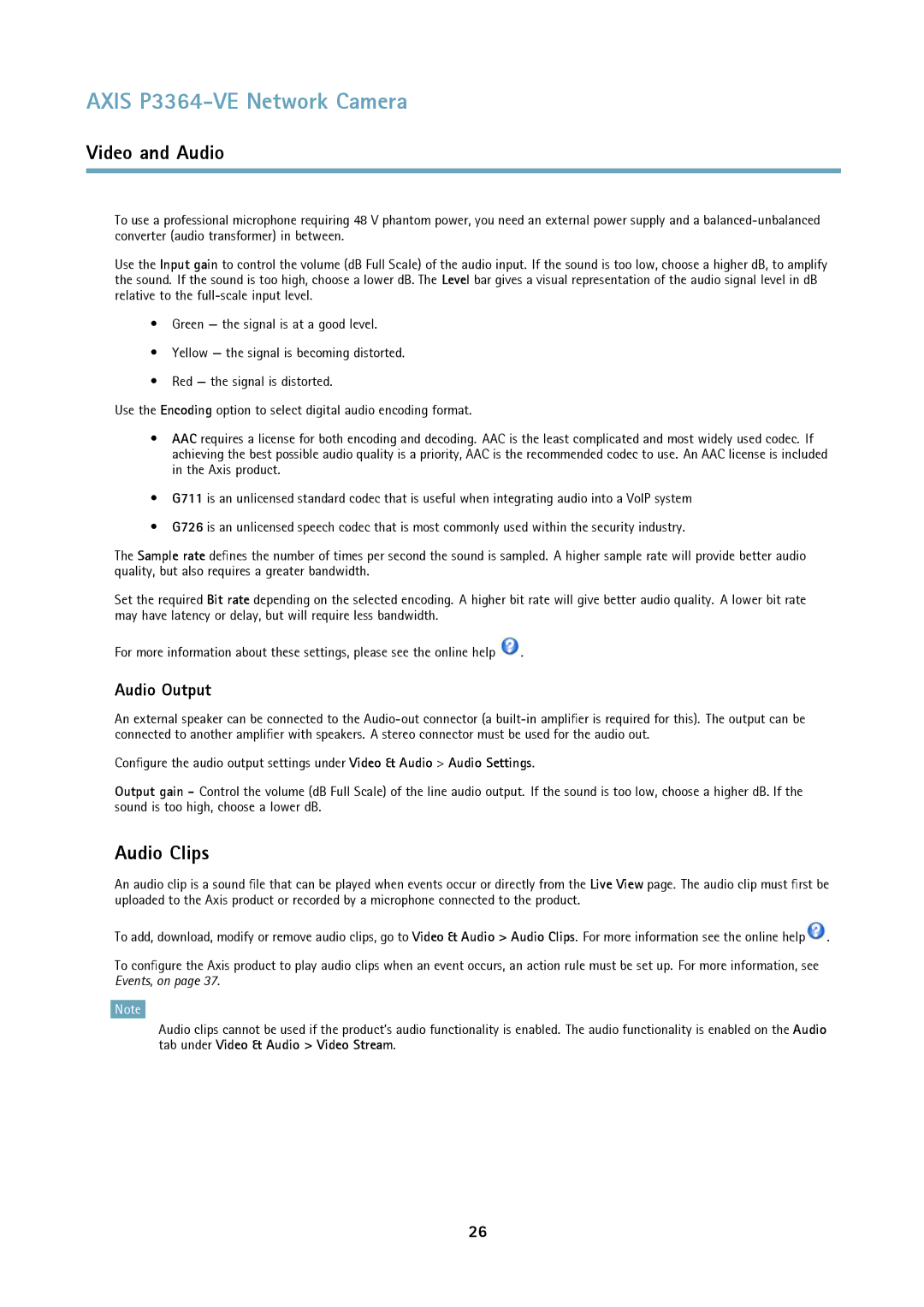 Axis Communications network camera user manual Audio Clips, Audio Output 