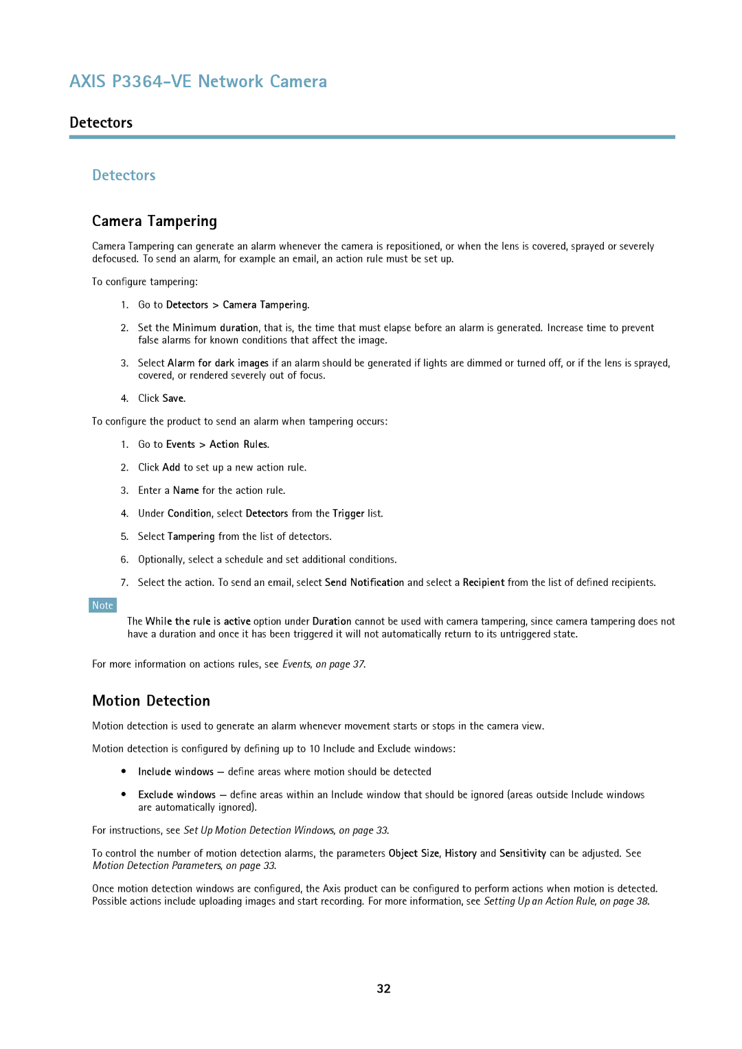 Axis Communications network camera user manual Detectors, Camera Tampering, Motion Detection 