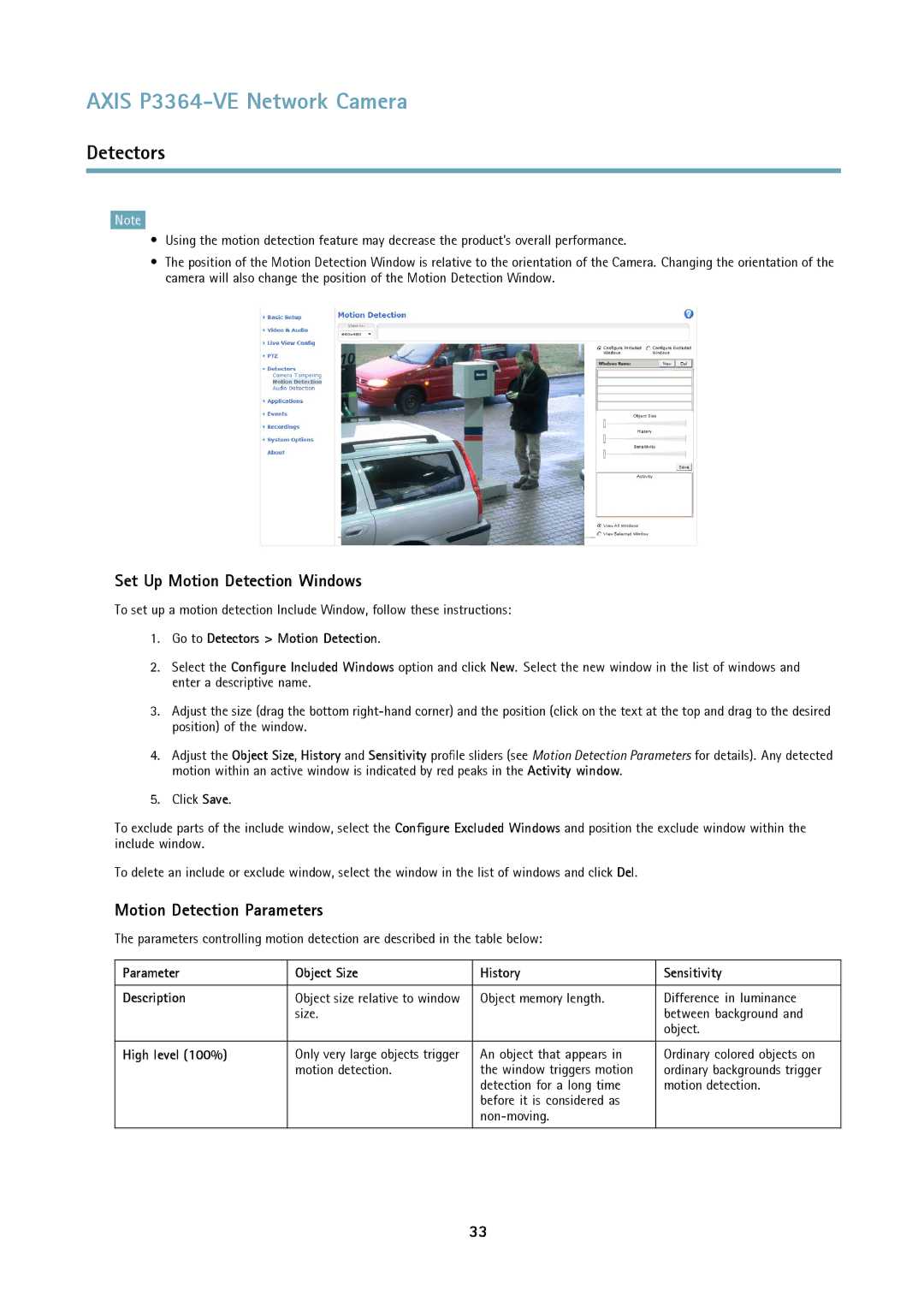 Axis Communications network camera Set Up Motion Detection Windows, Motion Detection Parameters, High level 100% 