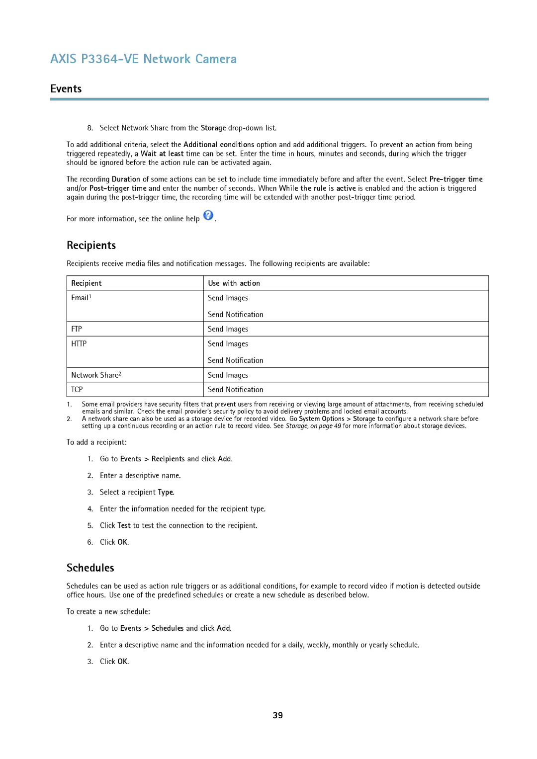 Axis Communications network camera Schedules, Recipient Use with action, Go to Events Recipients and click Add 