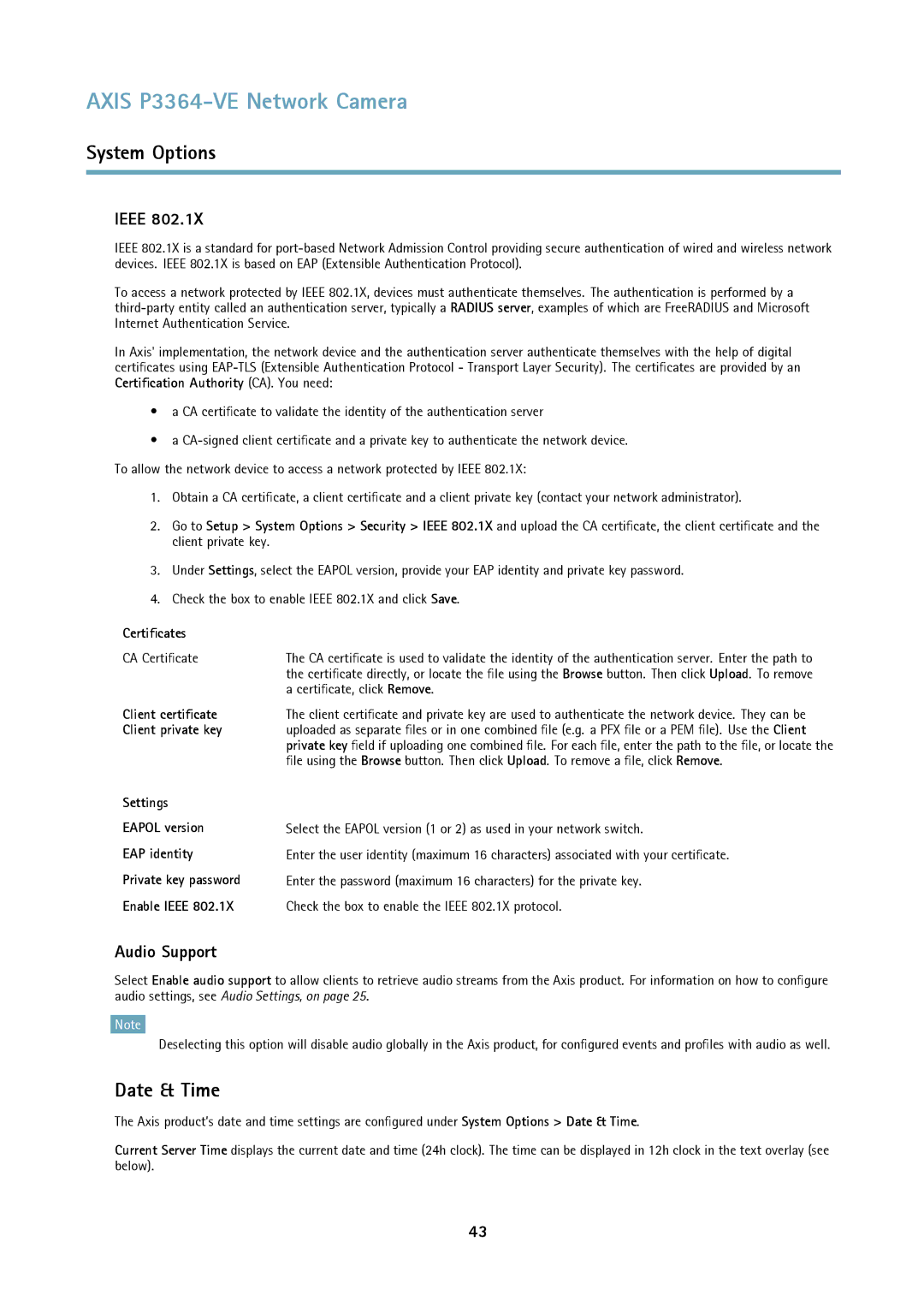 Axis Communications network camera user manual Date & Time, Ieee, Audio Support, Certificates, CA Certificate 