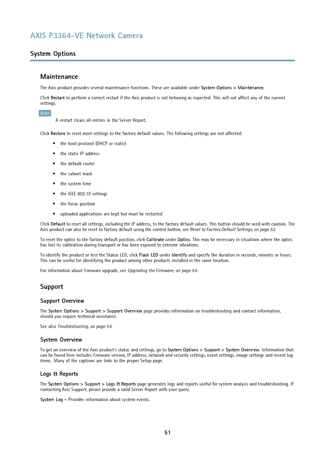 Axis Communications network camera System Options Maintenance, Support Overview, System Overview, Logs & Reports 