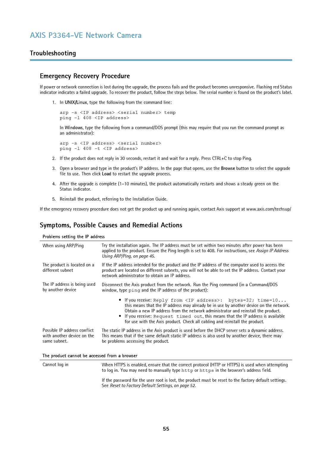 Axis Communications network camera Troubleshooting Emergency Recovery Procedure, Problems setting the IP address 