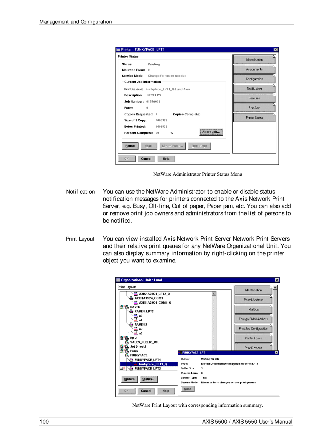 Axis Communications AXIS 5500, Network Print Servers, AXIS 5550 manual 100 